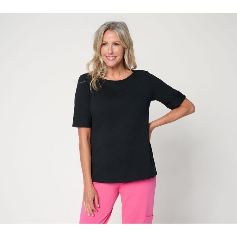 Denim & Co. Women's Top Sz M Essentials Perfect Jersey Rolled Cuff Black